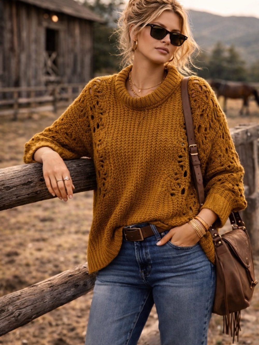 Pilcro Anthropologie Mustard Crochet Sleeve Sweater – Textured Knit, Oversized